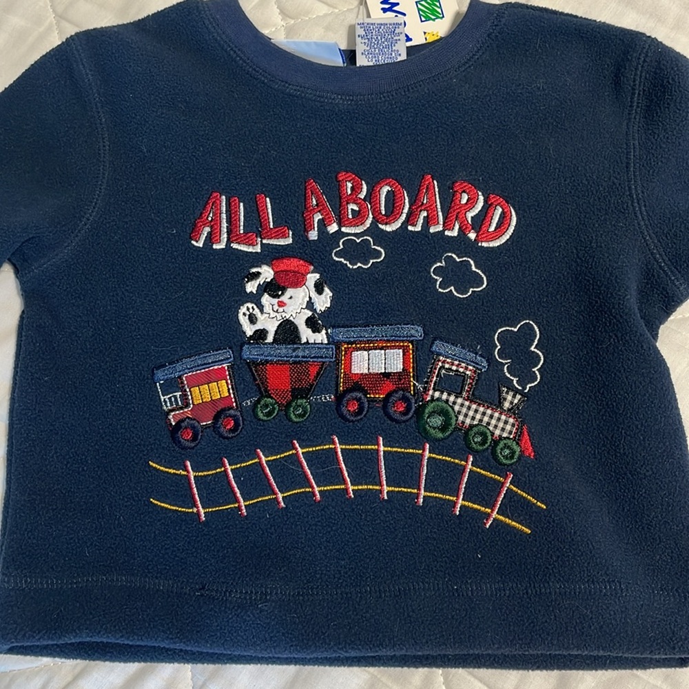 Choo Choo Train Puppy Dog Navy Blue Fleece Shirt New
